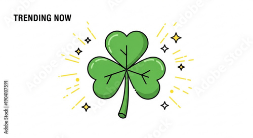 Lucky four leaf clover with sparkling stars and yellow lines on white background