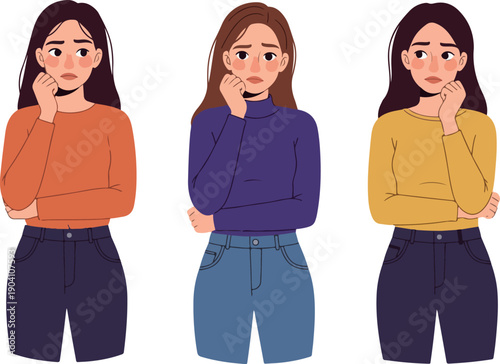 Three Young Women Thinking Wearing Casual Outfits Isolated On White