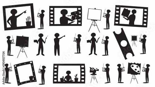 Silhouettes of artists creating art in various styles and settings