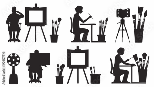 Silhouettes of artists creating art in various settings with painting tools