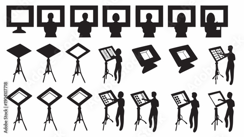 Silhouettes of people presenting on screens and displays