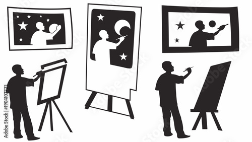 Artist creating stunning visuals on canvas with stars and moon