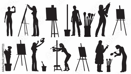 Artists painting on easels with various brushes and techniques
