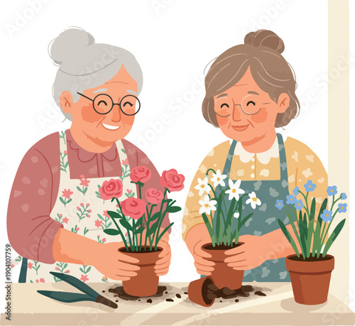Two Happy Elderly Women Planting Flowers Together With A Smile