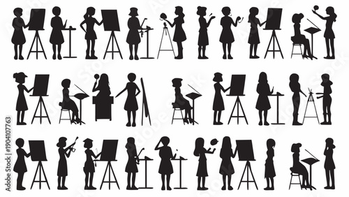 Women engaging in various artistic activities with creative tools