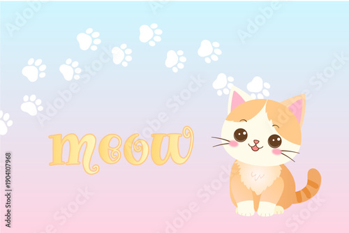 Card Design with Cute Cat, Paws, and Meow Logo on Blue and Pink Gradient Background
