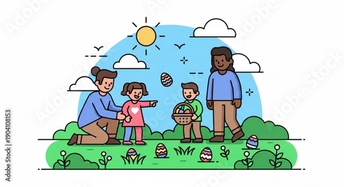 Happy family with two adults and two children outdoors on sunny day collecting easter eggs in green grass