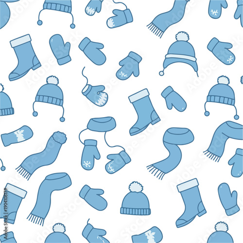 Winter Hats Scarves Mittens Boots Seamless Pixel Pattern Light Blue