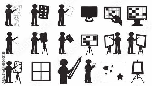 Silhouettes of people presenting on boards and screens in business and creative settings
