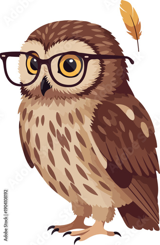 Wise Owl with Glasses and Feather Pixel Art Illustration