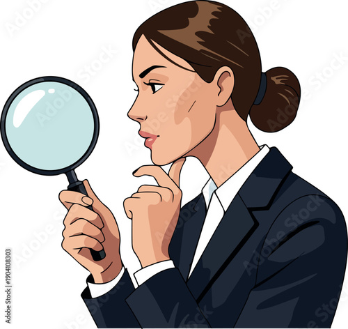 Woman Detective Holding Magnifying Glass Examining Document