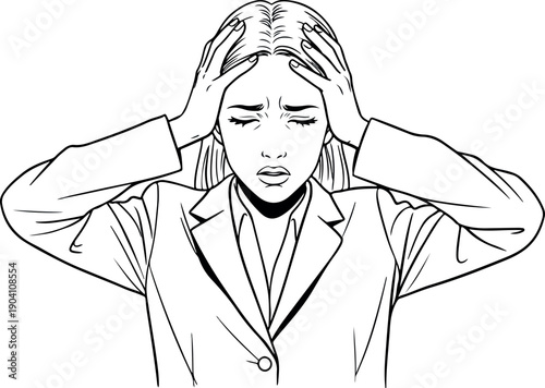 Woman In Suit Holding Head In Distress White Background Minimalist Line Art
