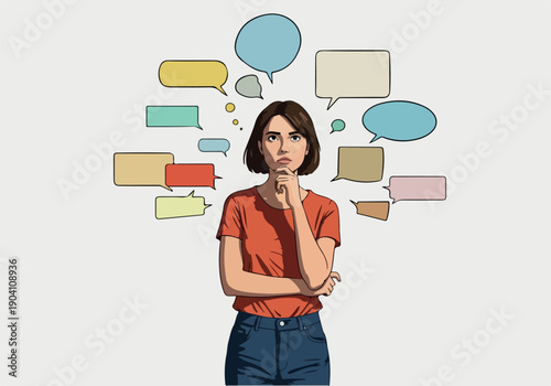 Woman Thinking Surrounded by Colorful Speech Bubbles in Flat Design