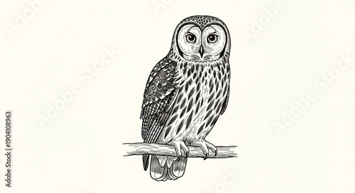 Detailed Illustration of a Barred Owl Perched on a Branch.