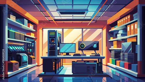 Cozy home office blending modern tech with warm, vintage decor and ambient lighting