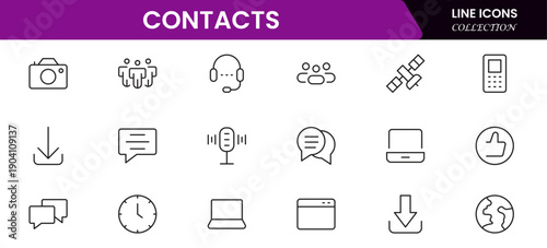 Contact us line icon set. Chat, name, address, email, message, phone and more.Outline vector icon in linear style. Conceptual pictogram collection