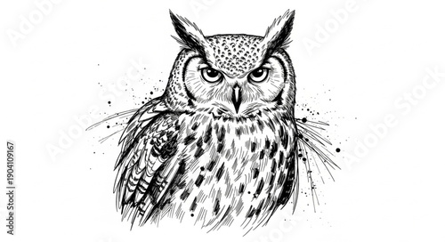 Detailed illustration of a great horned owl in black and white.