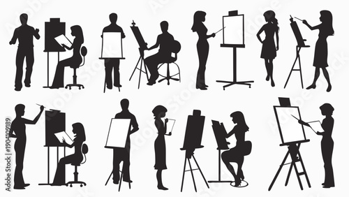 Silhouettes of artists and students engaged in creative activities with easels