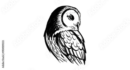 Detailed black and white illustration of a barn owl.