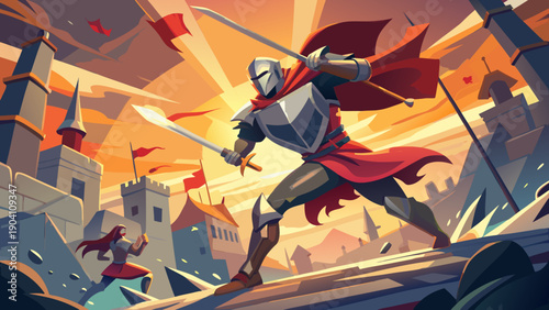 Mighty warrior charging through ancient ruins with a cape of power and determination