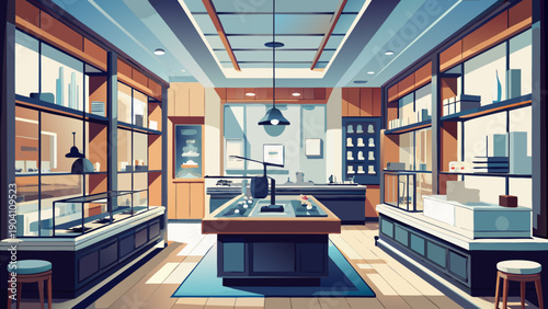 Modern museum exhibit hall with historical artifacts and interactive displays