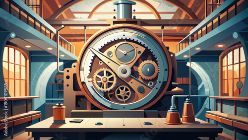 Mysterious vintage clock tower in an ornate, dimly lit chamber with intricate details.