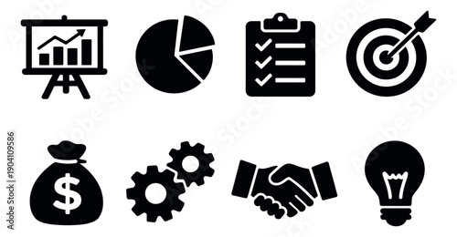 Modern business icon set featuring data analytics, financial growth, task management, partnership, and new ideas for corporate strategy