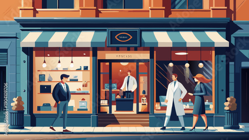 Colorful storefront with shoppers and vibrant storefront displays