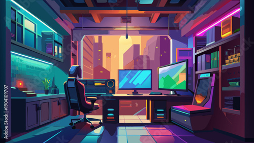 A futuristic arcade room with vibrant neon lighting and retro gaming consoles.