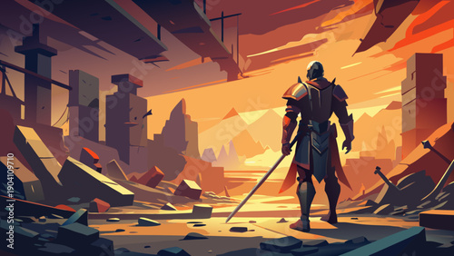 A lone explorer navigates through a mysterious ancient ruin at dusk.