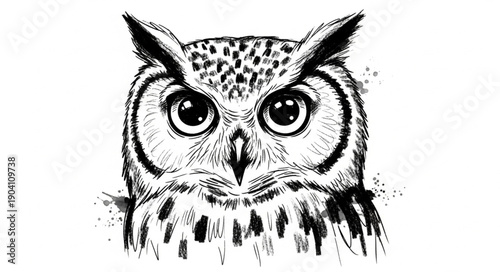 Detailed Black and White Owl Portrait Illustration.