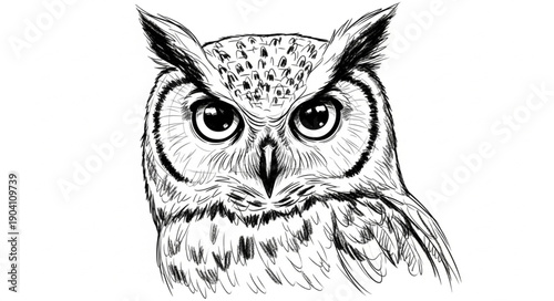 Detailed Black and White Owl Portrait Illustration.