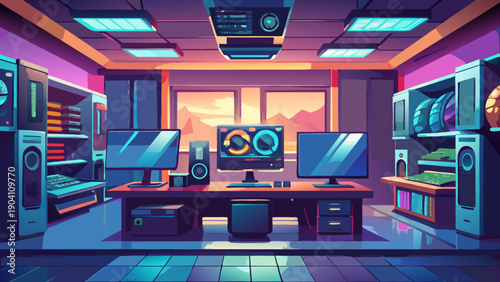 A futuristic lounge area with vibrant lighting and modern gaming setup