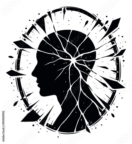 Graphic illustration of a human head depicting shattering for mental health concepts