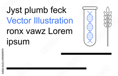 Genetic research, biotechnology, academic studies, agriculture, science education, DNA analysis. Stylized test tube with DNA helix and wheat stalk. Genetic research and biotechnology concepts
