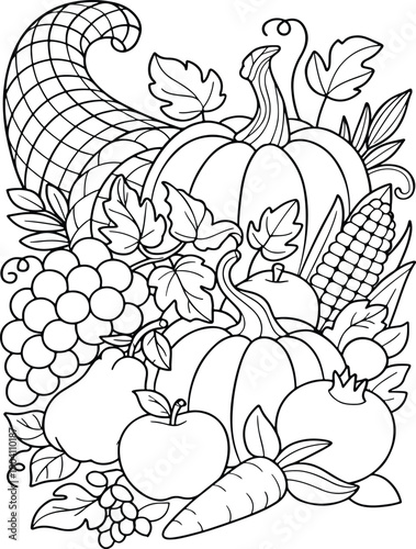 Cornucopia overflowing with autumn harvest fruits vegetables and leaves black and white line abundance