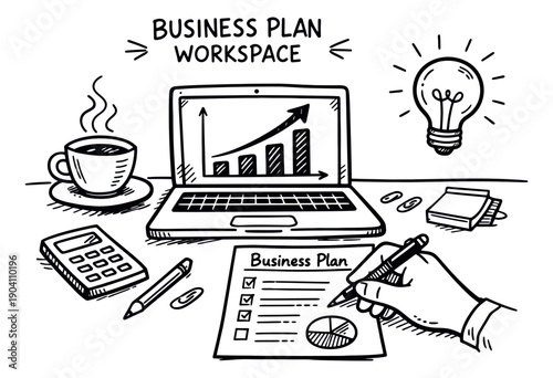 Hand drawn line art illustration of a business plan workspace depicting a hand writing, a laptop with a growth chart, and an idea lightbulb for strategy and financial planning