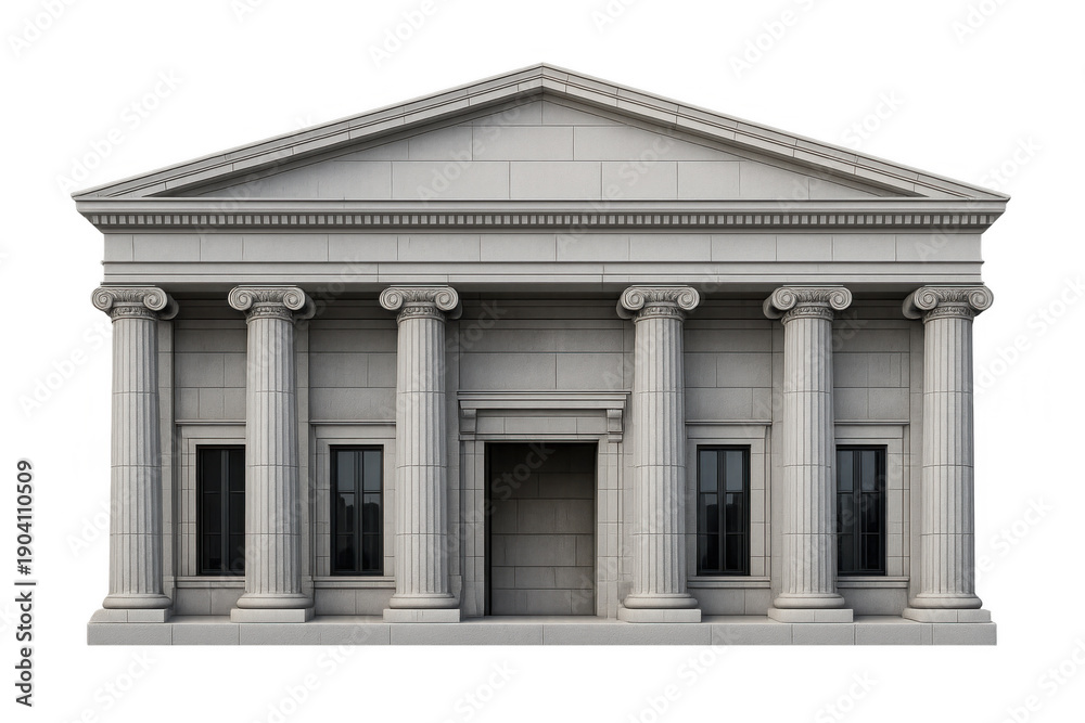 Obraz premium Neoclassical building facade with ionic columns, representing government, finance, and culture on transparent background