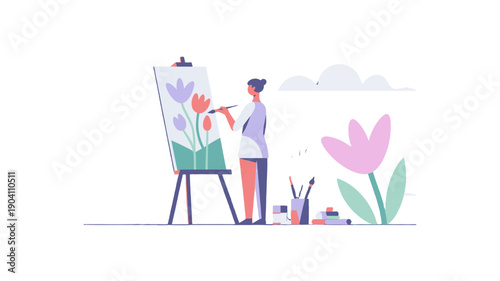 A Woman painting on canvas, illustration art.