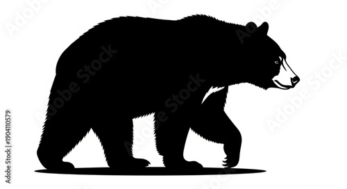 Silhouette of a black bear walking with white markings.