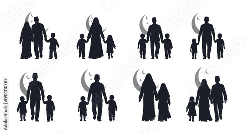 Silhouette Family Walking Together Under Crescent Moon.