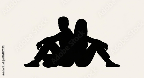 Silhouette Couple Sitting Back to Back on Light Background.