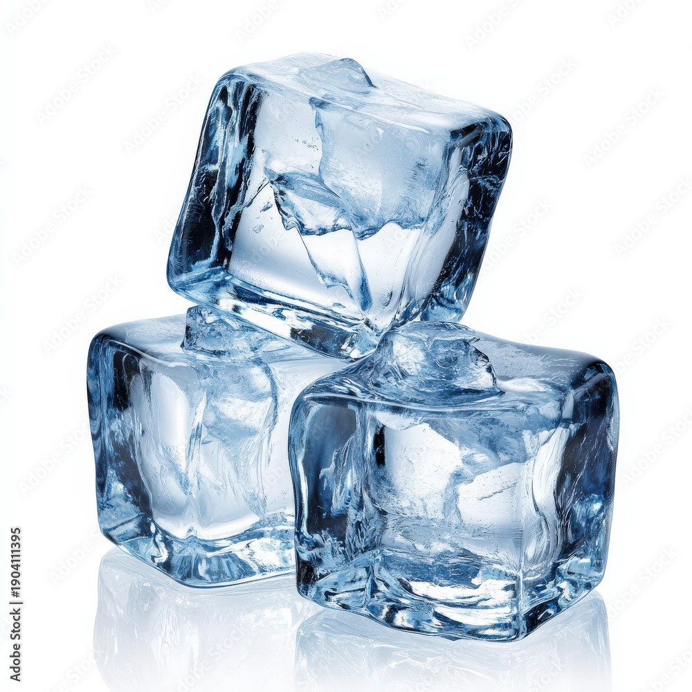 Obraz premium Three Clear Blue Ice Cubes on White Background