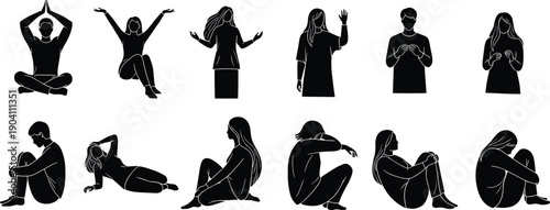 Human emotions silhouette set, mental health feelings poses collection, expressive body language illustrations, black vector characters isolated on white background