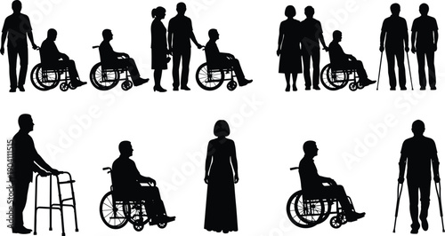Disabled people silhouette set, wheelchair users and elderly with walking aids, family support and accessibility concept, black vector illustration isolated on white background