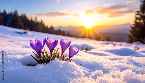 Wallpaper Mural First Crocuses Bloom in Snowy Mountain Landscape at Sunrise. Torontodigital.ca