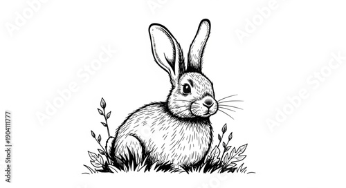 Detailed illustration of a rabbit sitting in grass.