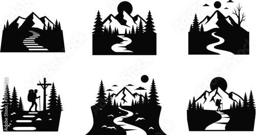 Mountain landscape silhouettes, hiking adventure, pine forest, winding path, river trail, nature exploration, outdoor travel, scenic wilderness, sunrise, sunset