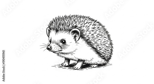 Detailed illustration of a small hedgehog in black and white.