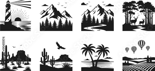 Nature landscape silhouette illustrations, mountain, forest, desert, beach, countryside, lighthouse, wildlife, black and white, outdoor scenic vector art